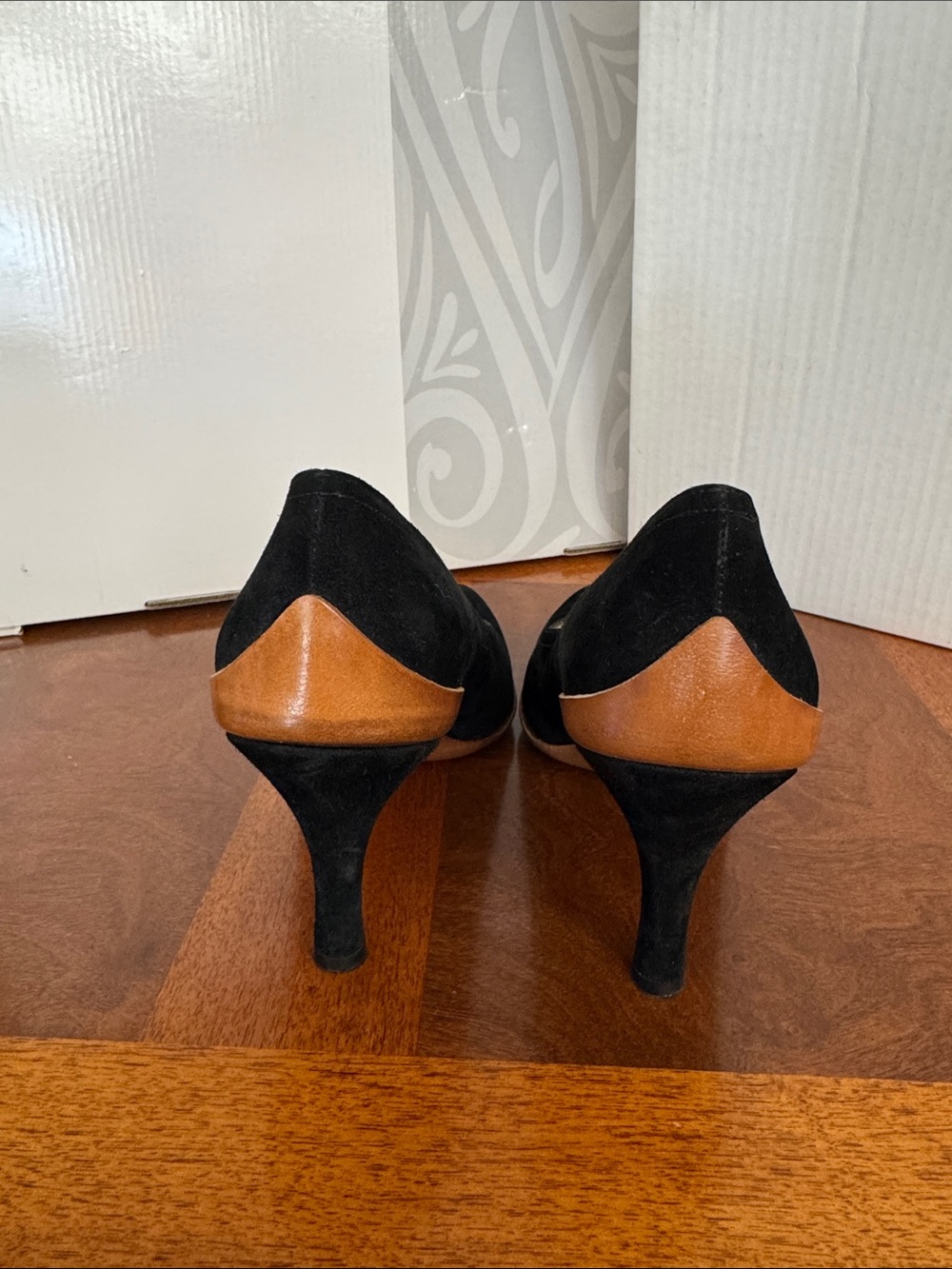 Salvatore Ferragamo Black Suede Pointed Pumps with Brown Sole Trim - Picture 4 of 8